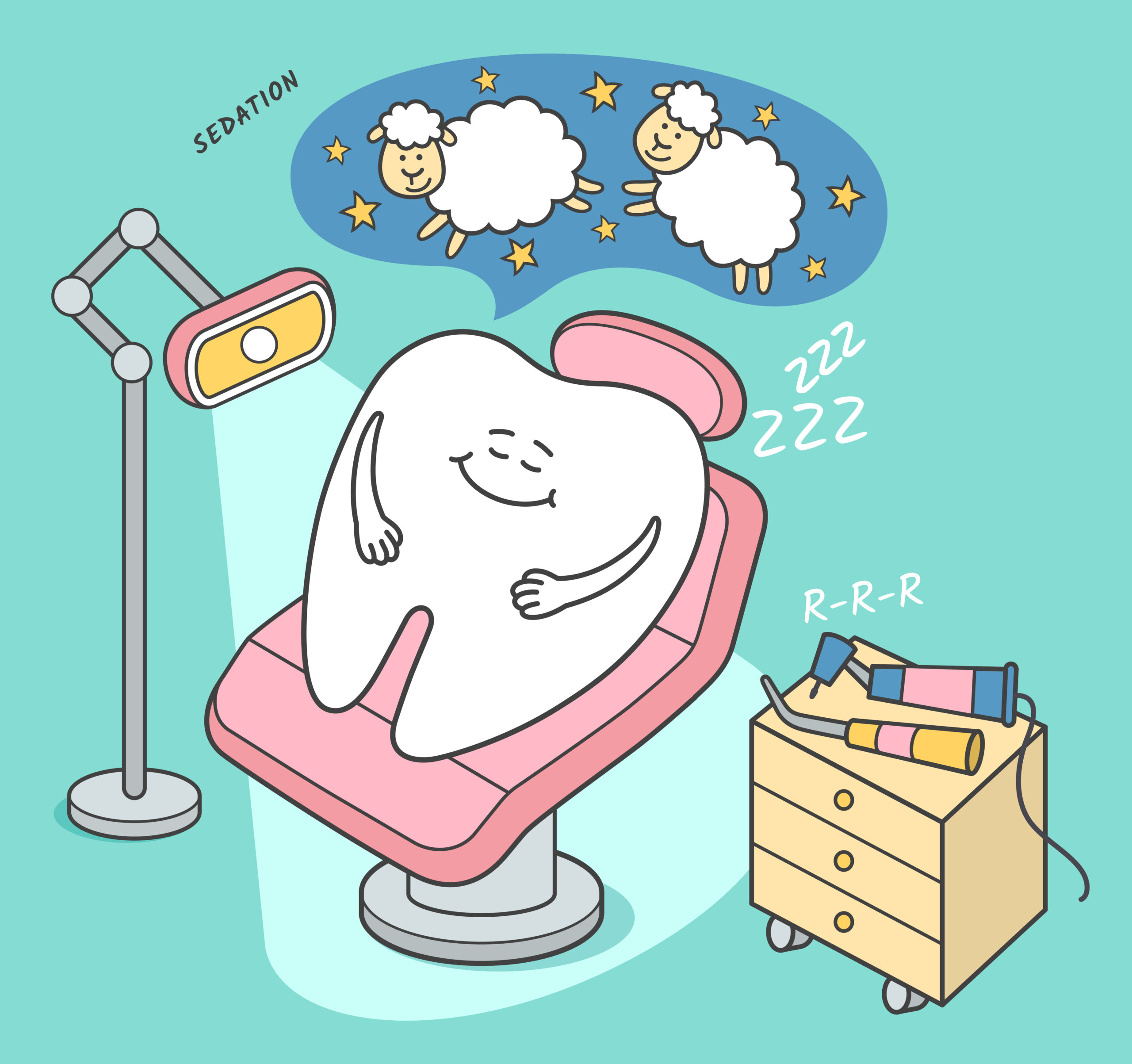 Dental,Sedation,Illustration.,Cartoon,Tooth,Falls,Asleep,In,A,Dental