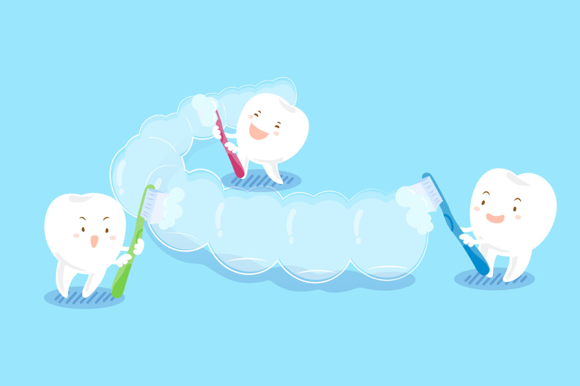 cute cartoon teeth brush invisible braces on blue background