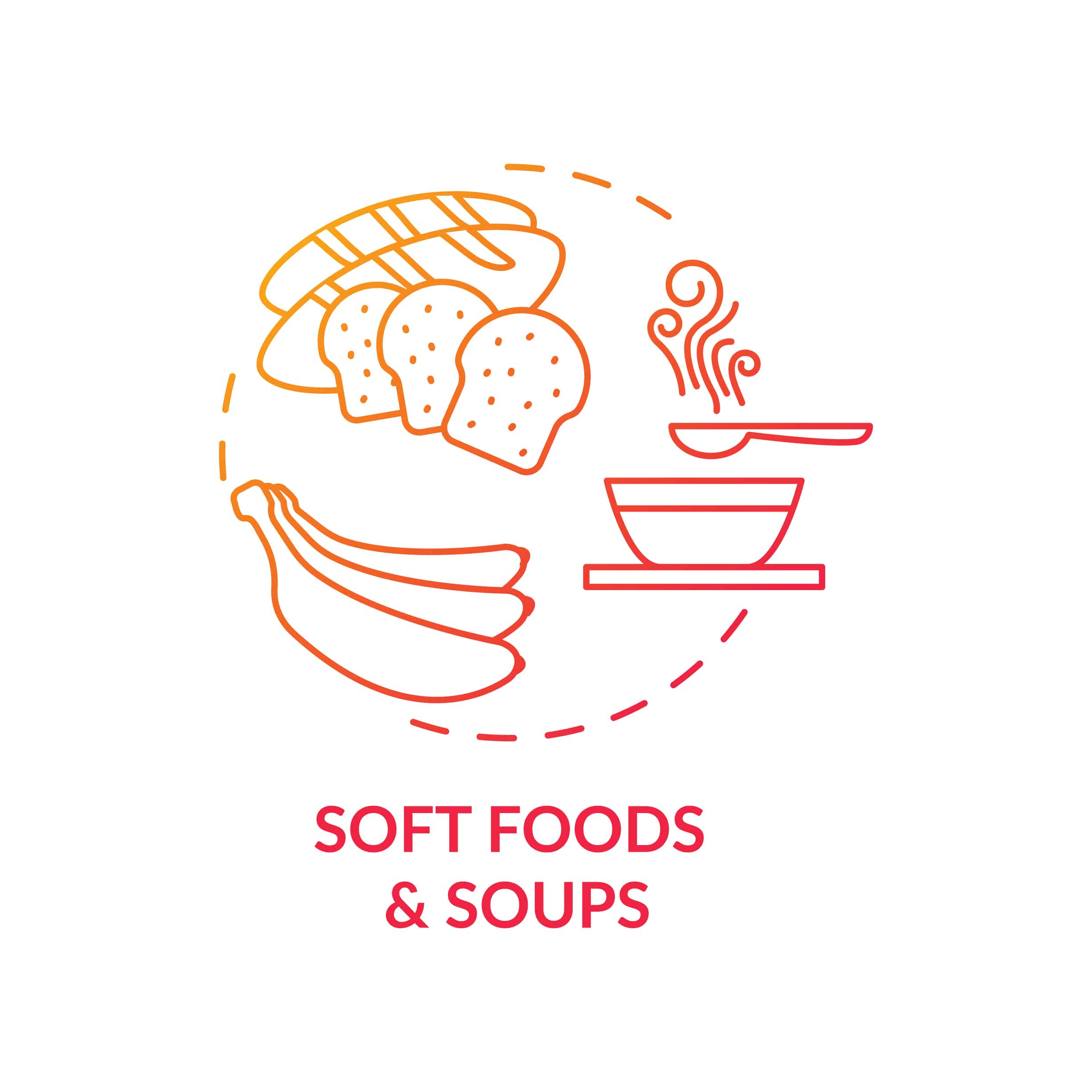Soft foods and soups red concept icon. Eating after medical procedure. Doctor recommendation for meals. Healthy diet idea thin line illustration. Vector isolated outline RGB color drawing