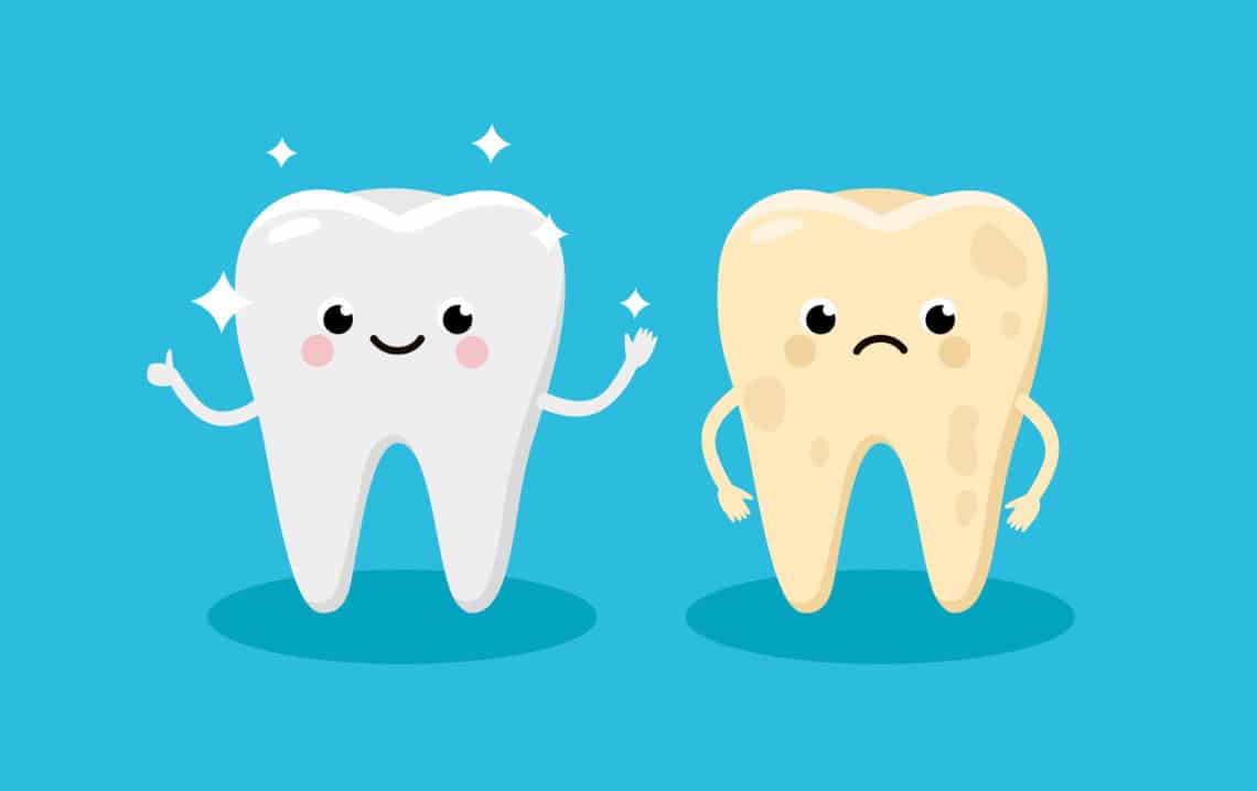 Cleaning and whitening teeth concept vector illustration. Snow-white Happy Tooth and Yellow Moody Tooth Cartoon characters in flat design. Tooth before and after whitening infographic elements.