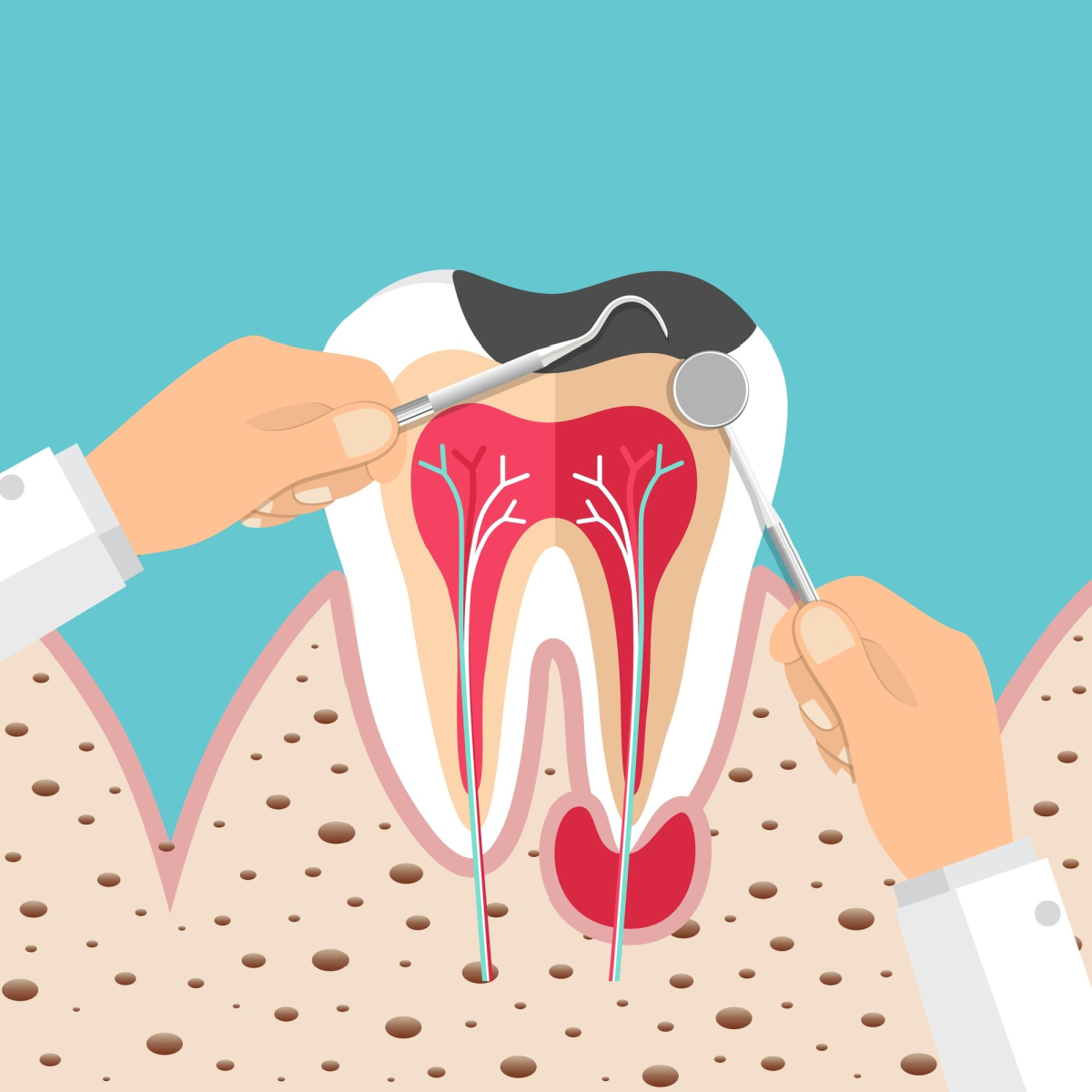 Dentist holding instruments and examining patient teeth. Teeth examination dentistry concept.