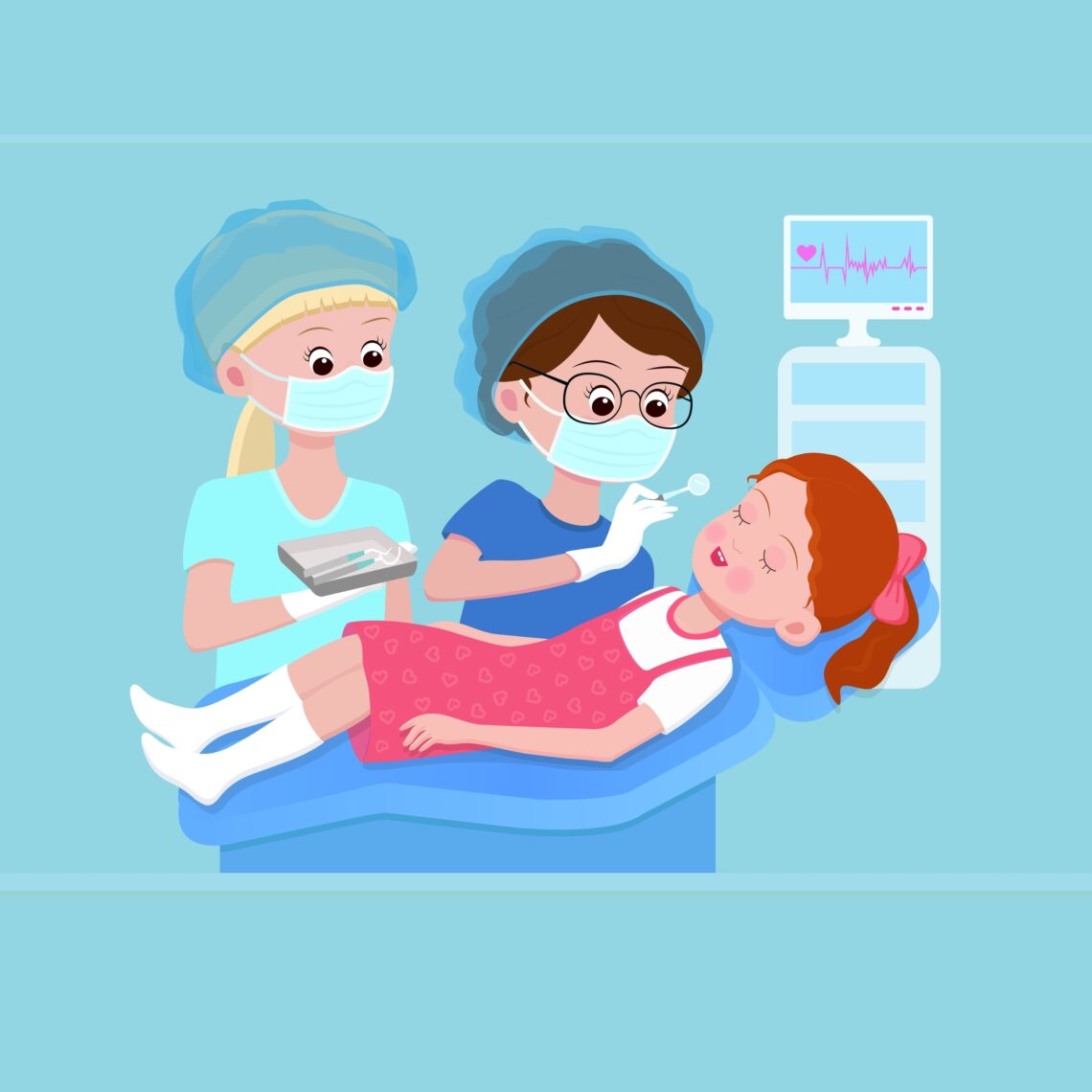 Children's dental treatment under general anesthesia.Square cartoon illustration of a child's teeth treatment under general anesthesia.