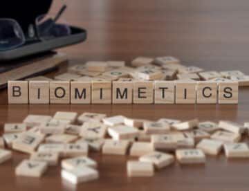biomimetics concept represented by wooden letter tiles