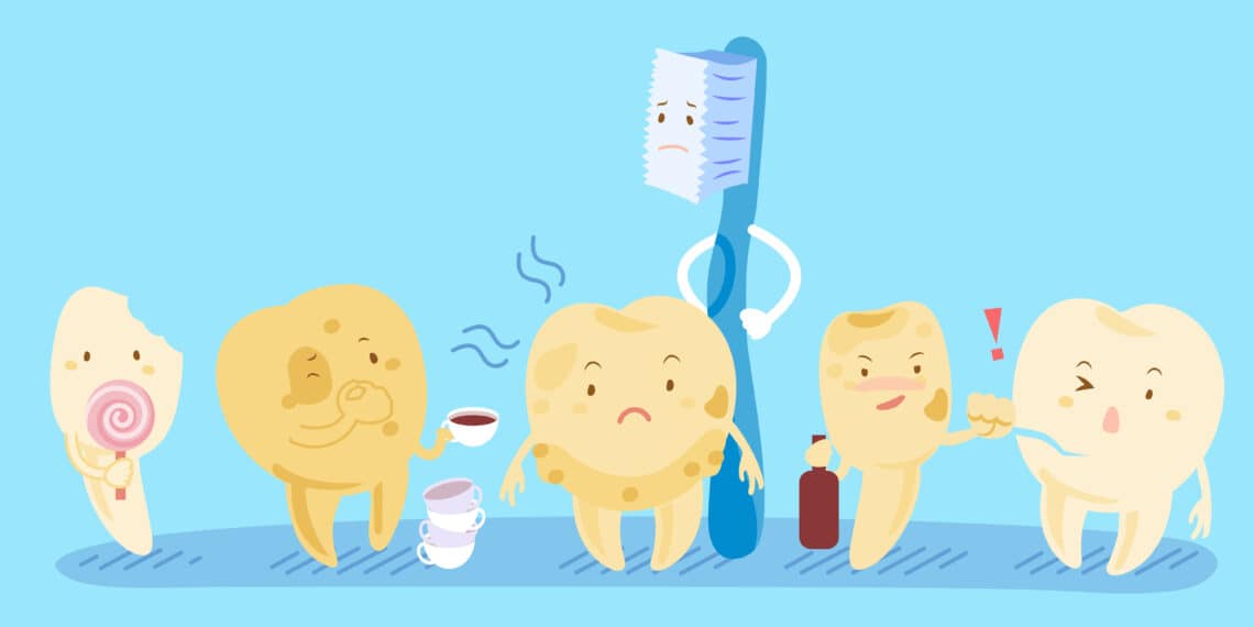 Cartoon tooth decay and toothbrush feel bad