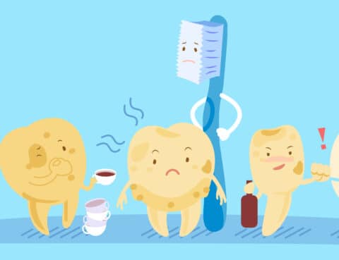 Cartoon tooth decay and toothbrush feel bad